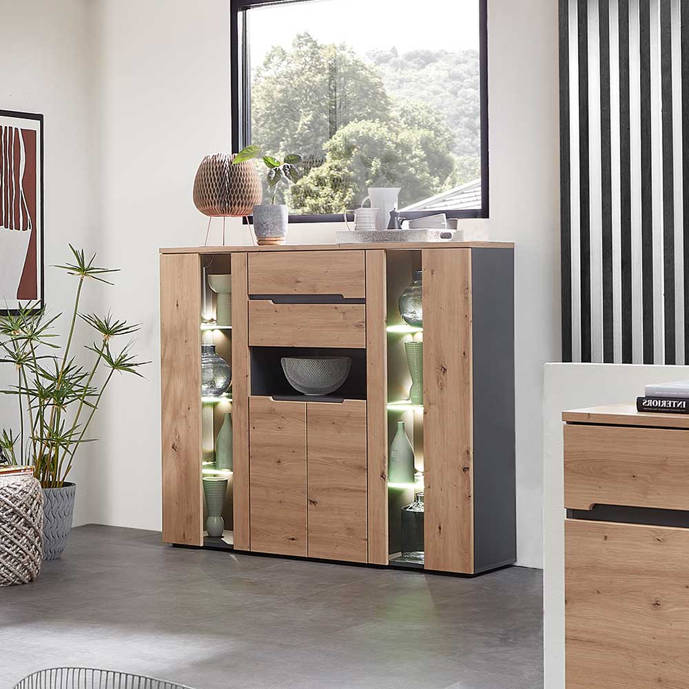 Esszimmer Highboard modern Esdravos in Wildeichefarben und Dunkelgrau