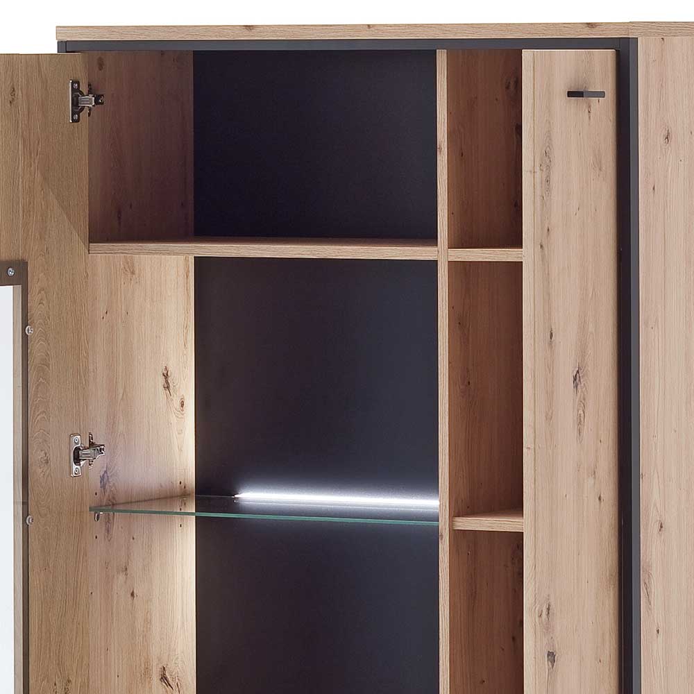 Wohnzimmer Highboard Geronda in Eiche Optik und Anthrazit mit Glas