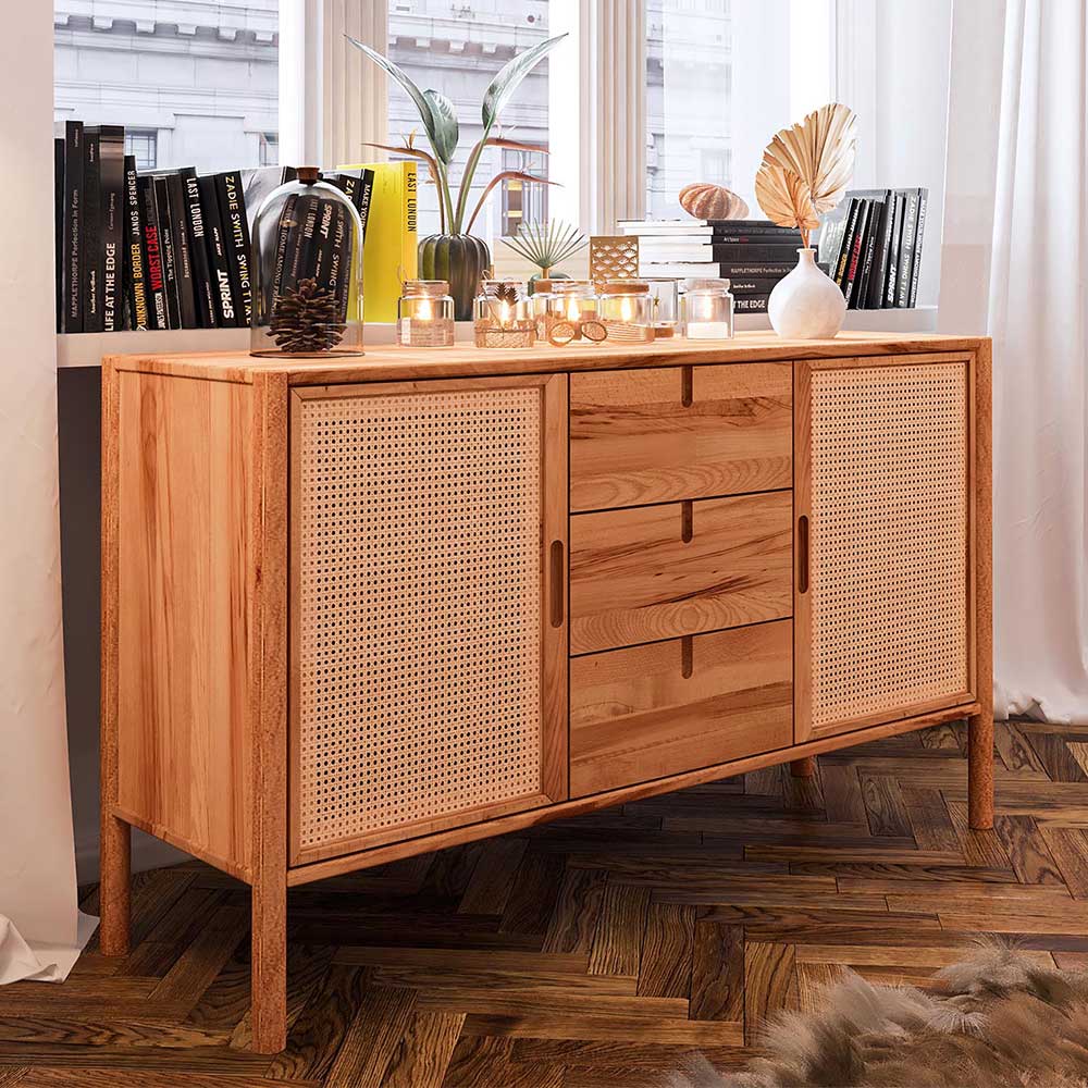 Sideboard mit Rattan Türen Artjes aus Wildbuche Massivholz 142 cm breit