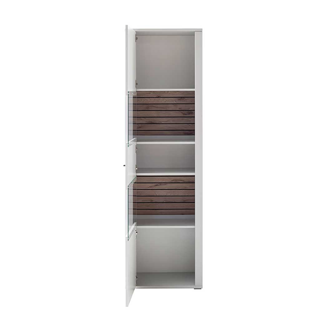 Schrank Vitrine Polar in Weiß und Wildeiche Holzoptik 206 cm hoch