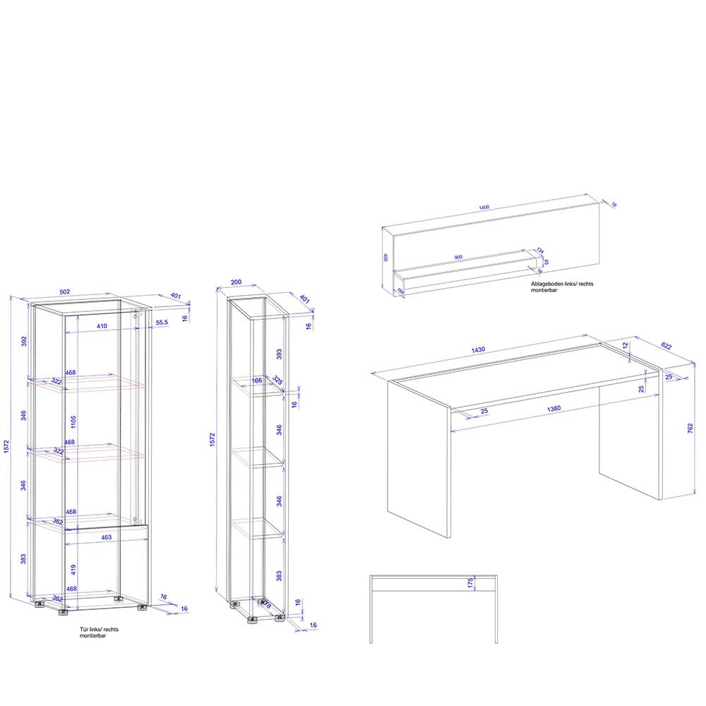 Arbeitszimmermoebel Uzniana in Anthrazit 158 cm hoch (vierteilig)