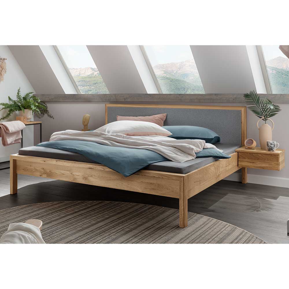 140x200 cm Bett Snoba aus Wildeiche Massivholz mit Polsterkopfteil