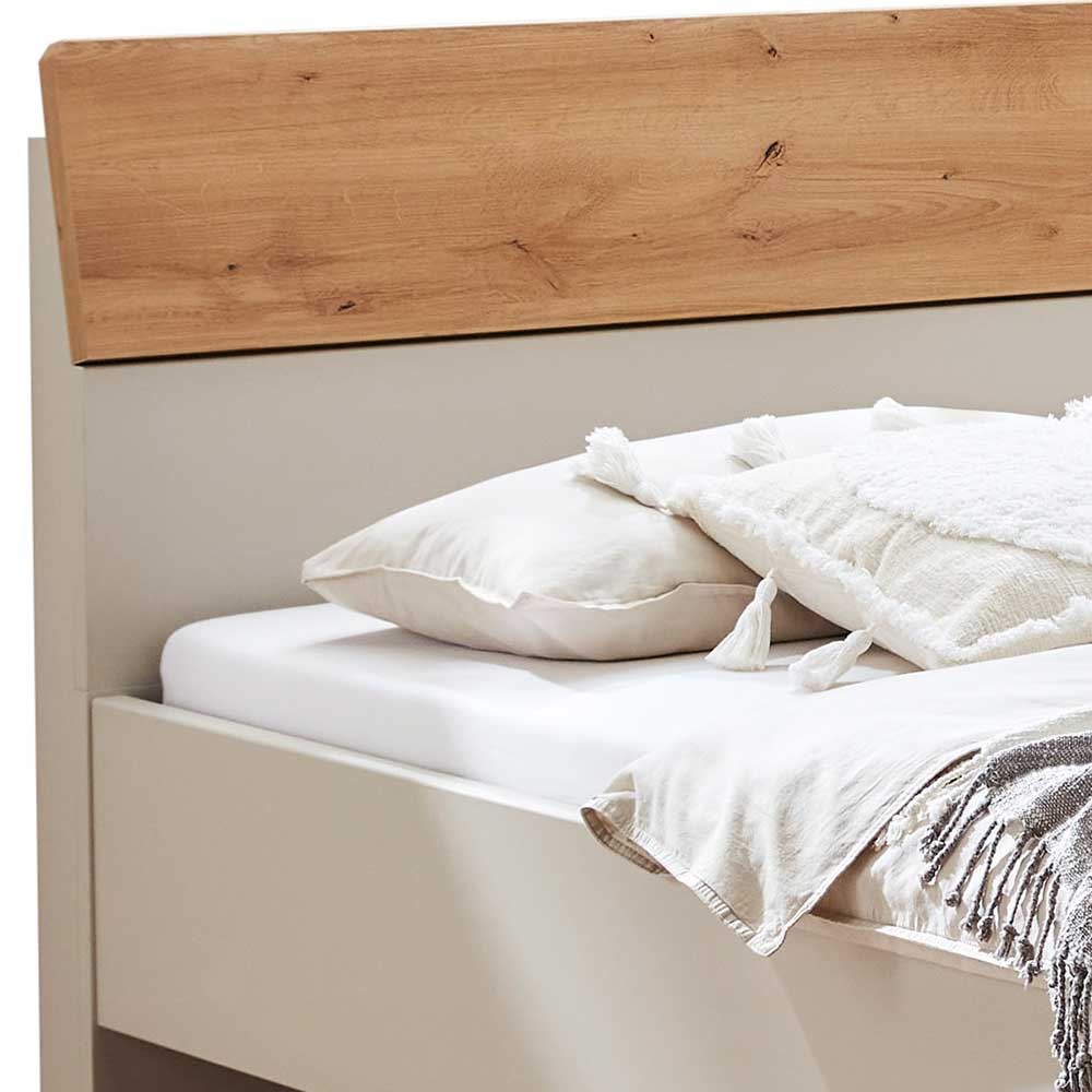 Doppel Bett Miltom in Eiche Bianco und Beige Made in Germany