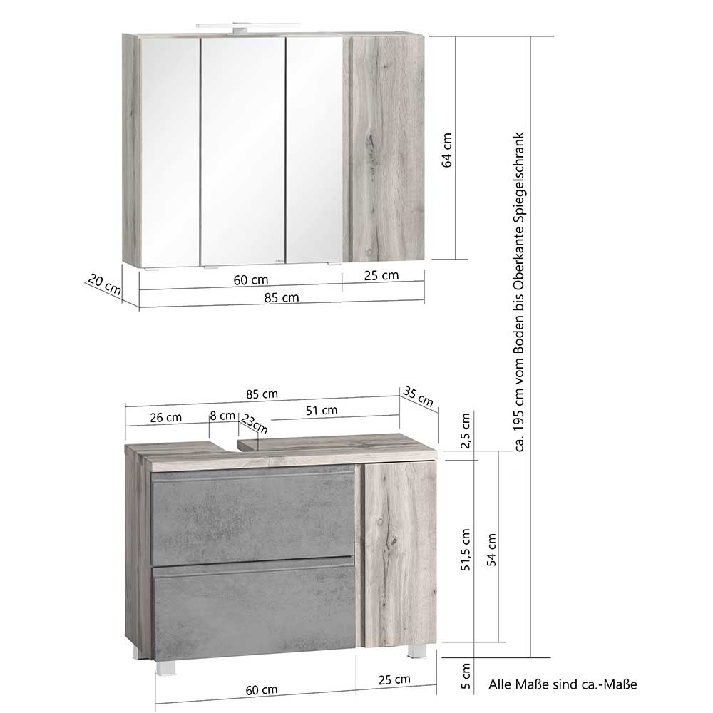 Waschplatz Set Fregato in Wildeichefarben und Dunkelgrau 85 cm breit (zweiteilig)