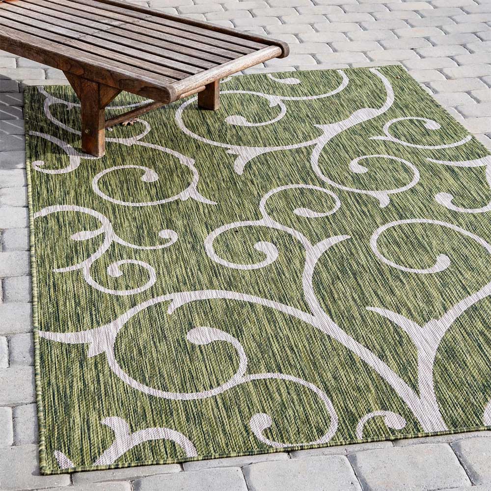 Outdoor Teppich Oliv Lixiam mit Ornament Muster in Cremefarben