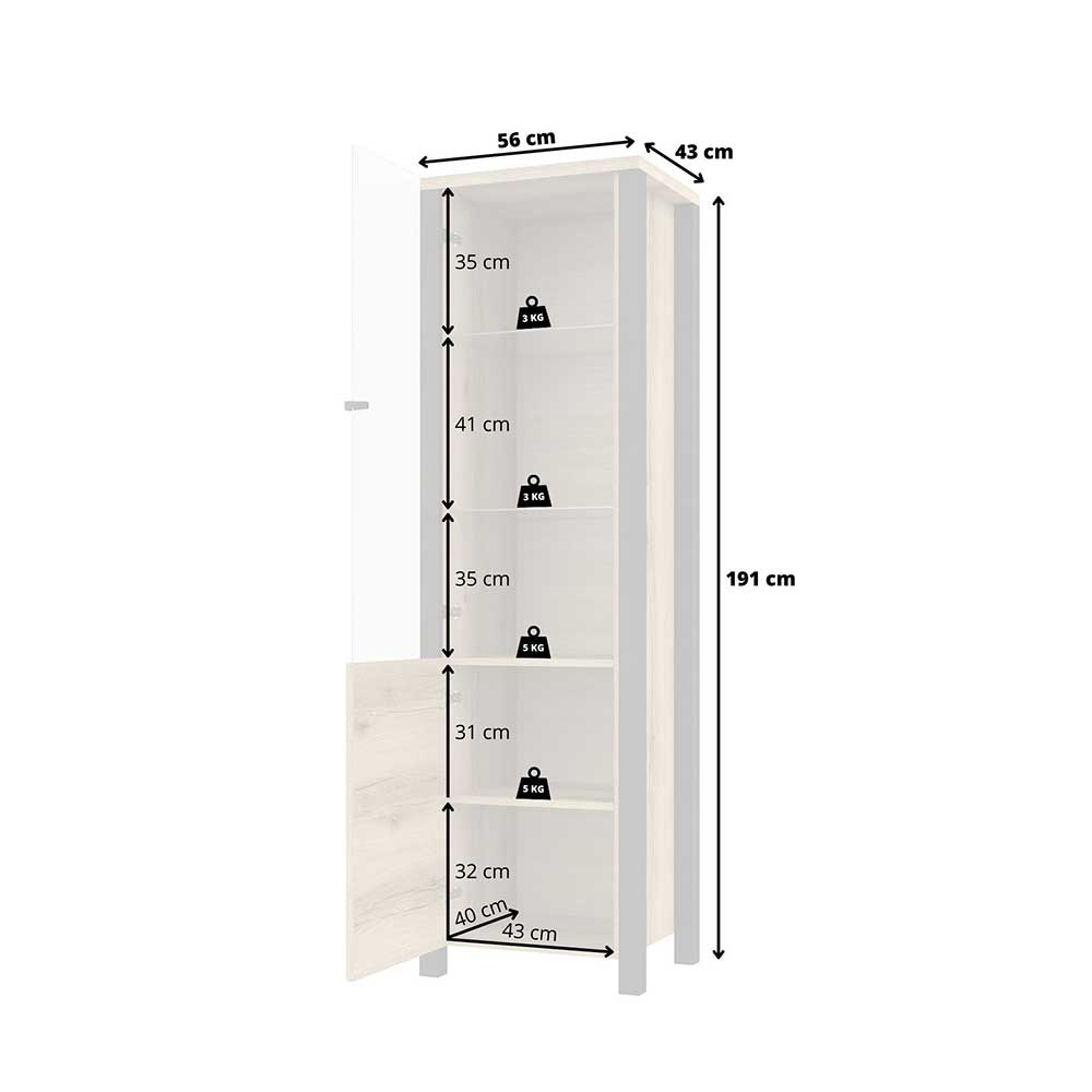 Wohnzimmer Vitrinenschrank Conru in Eichefarben und Schwarz 56 cm breit