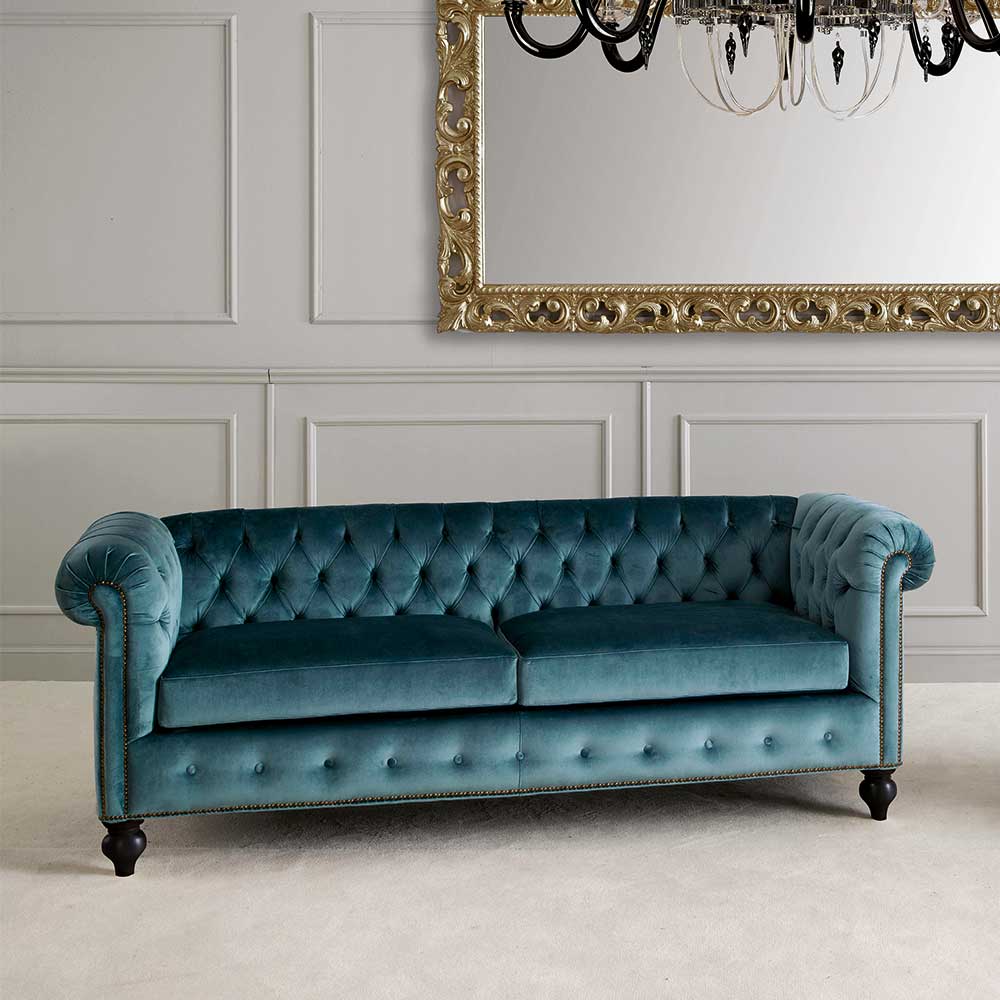 Chesterfield Couch Sinkala in Petrol Samt 205 cm breit