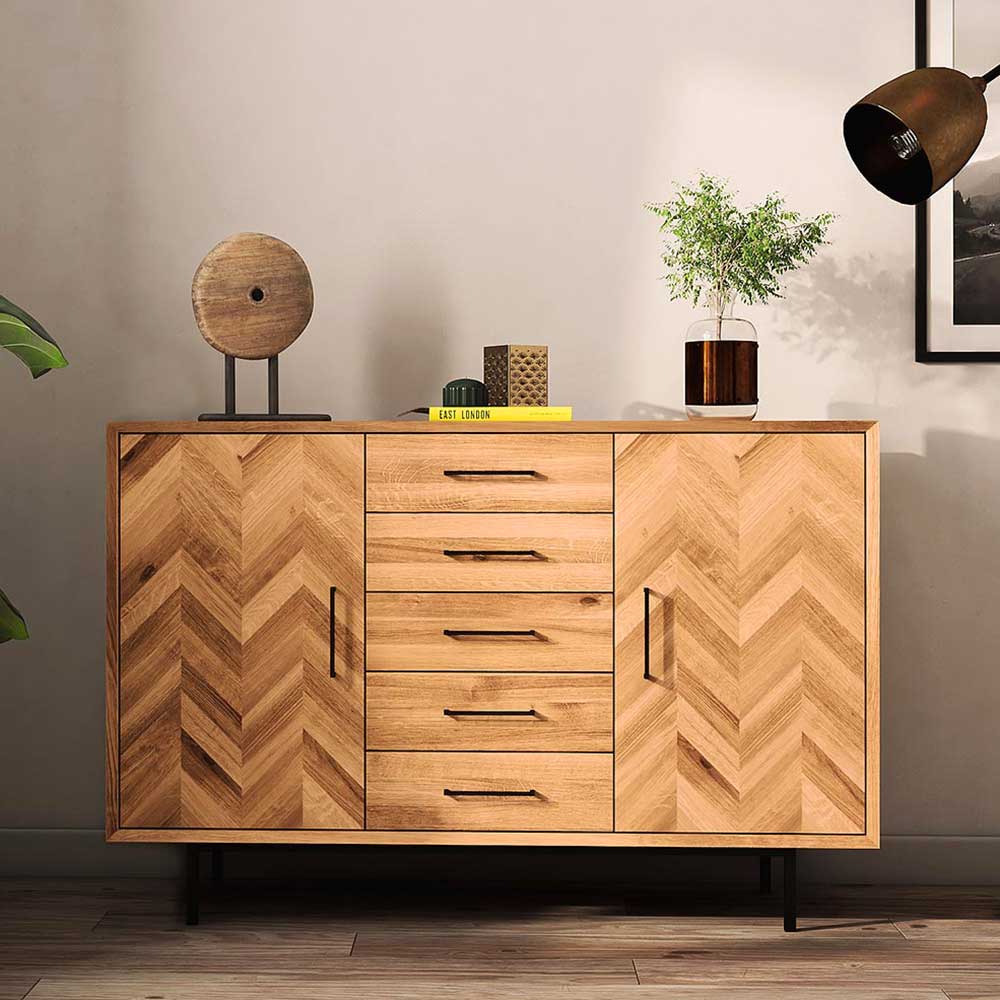 Skandi Esszimmer Sideboard Yalley aus Wildeiche Massivholz mit fünf Schubladen