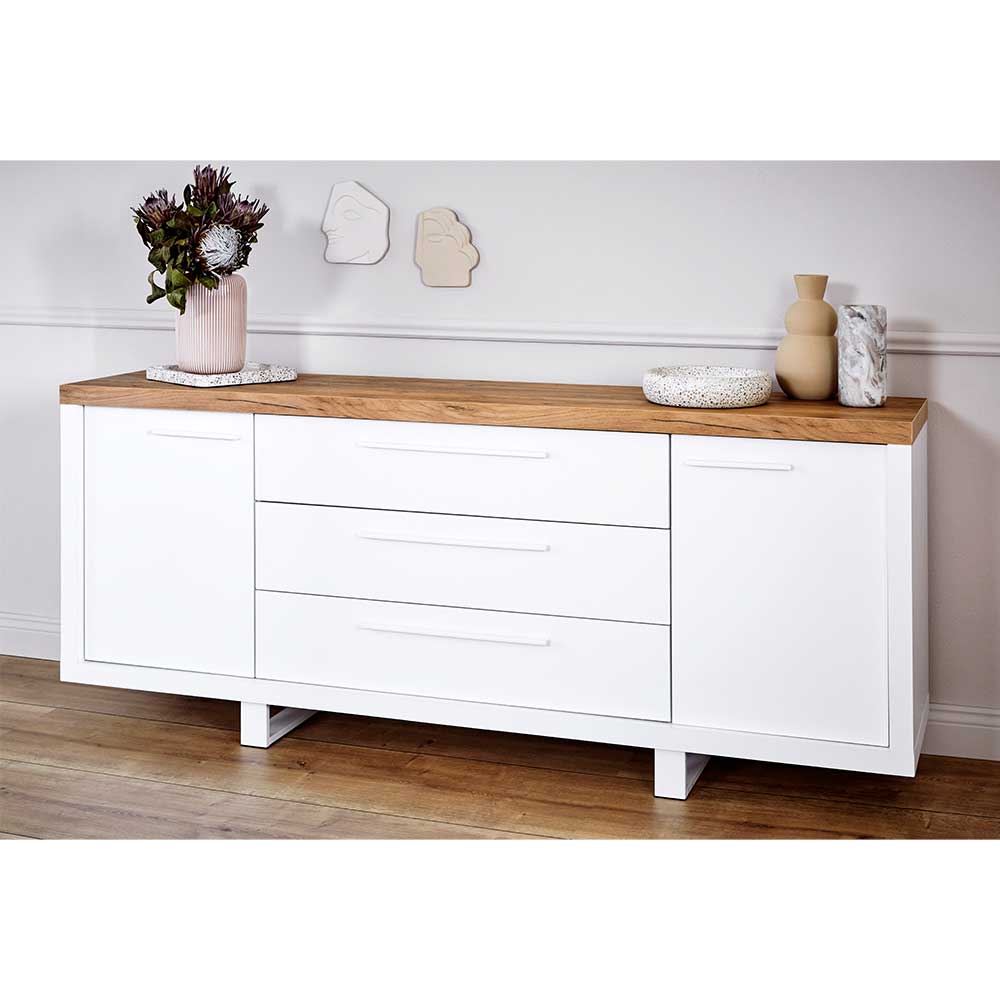 TV Sideboard Oliva in Weiß und Kerneiche mit Schubladen