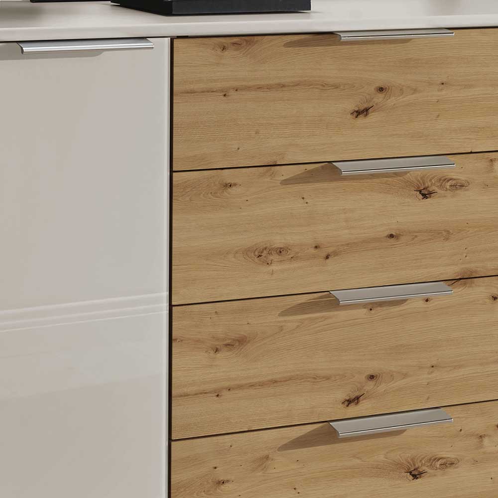 Esszimmer Sideboard Tecasun in Eiche Bianco & Beige mit fünf Schubladen