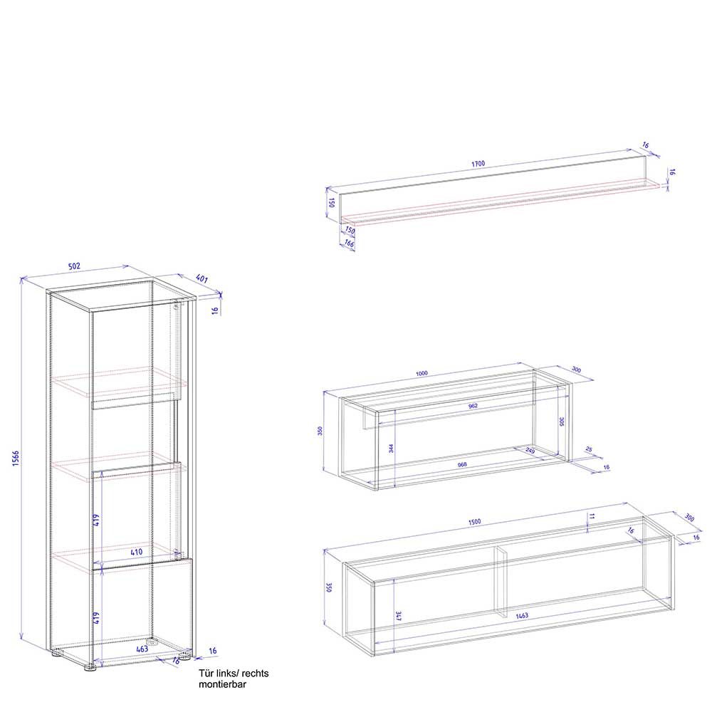 Design Wohnwand mit Schreibtisch Rascian in Weiß und Wildeichefarben (vierteilig)