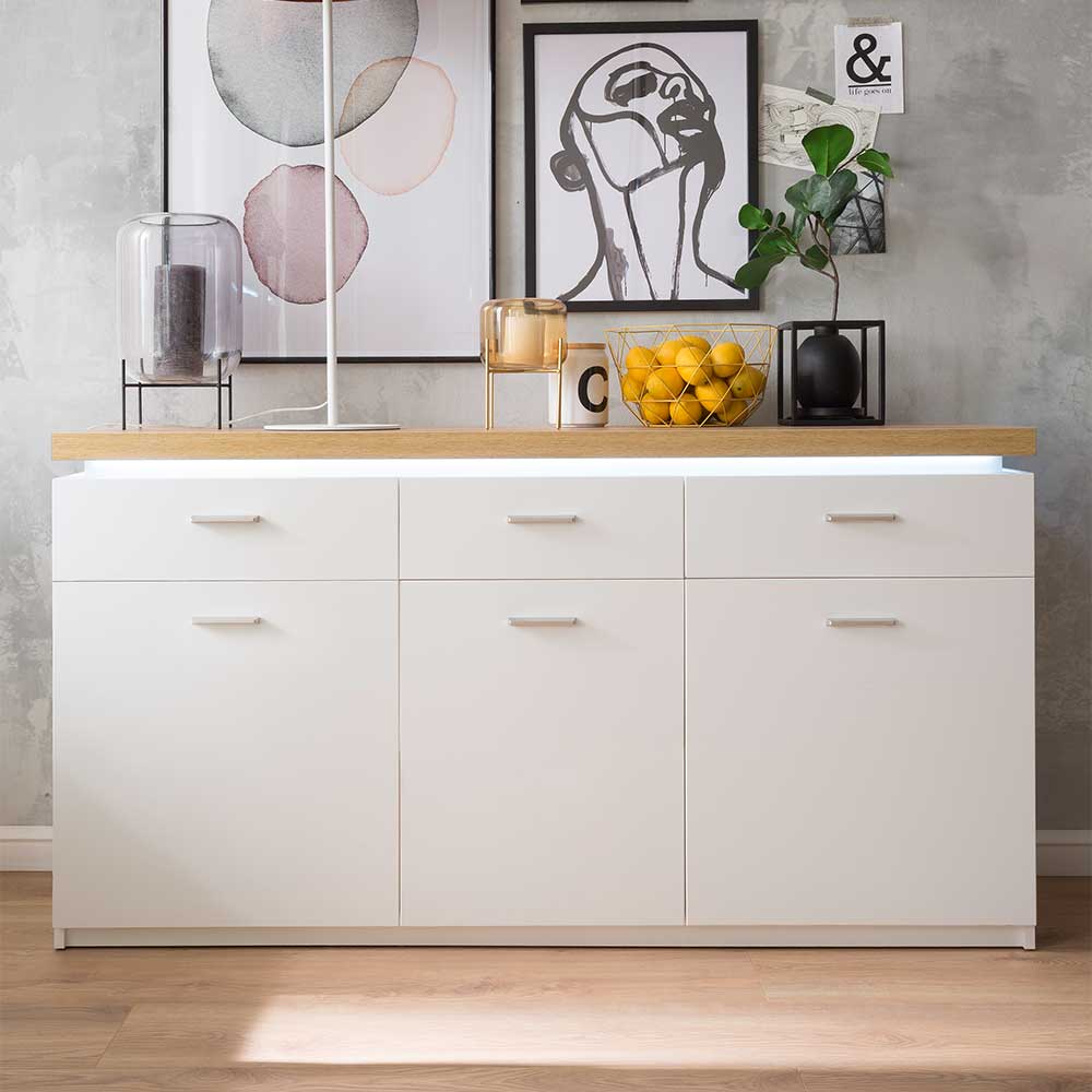 Sideboard Lovranon in Weiß und Wildeiche Optik mit LED Beleuchtung