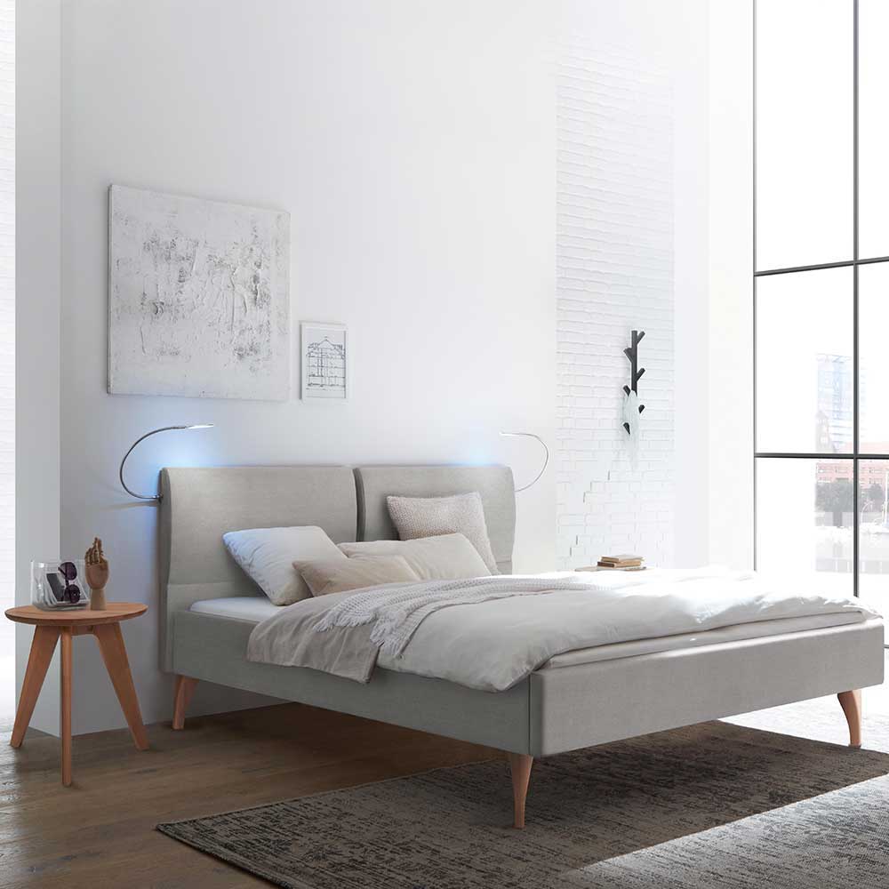 Graues Stoff Polster Doppel Bett Hero im Skandi Design 98 cm hoch