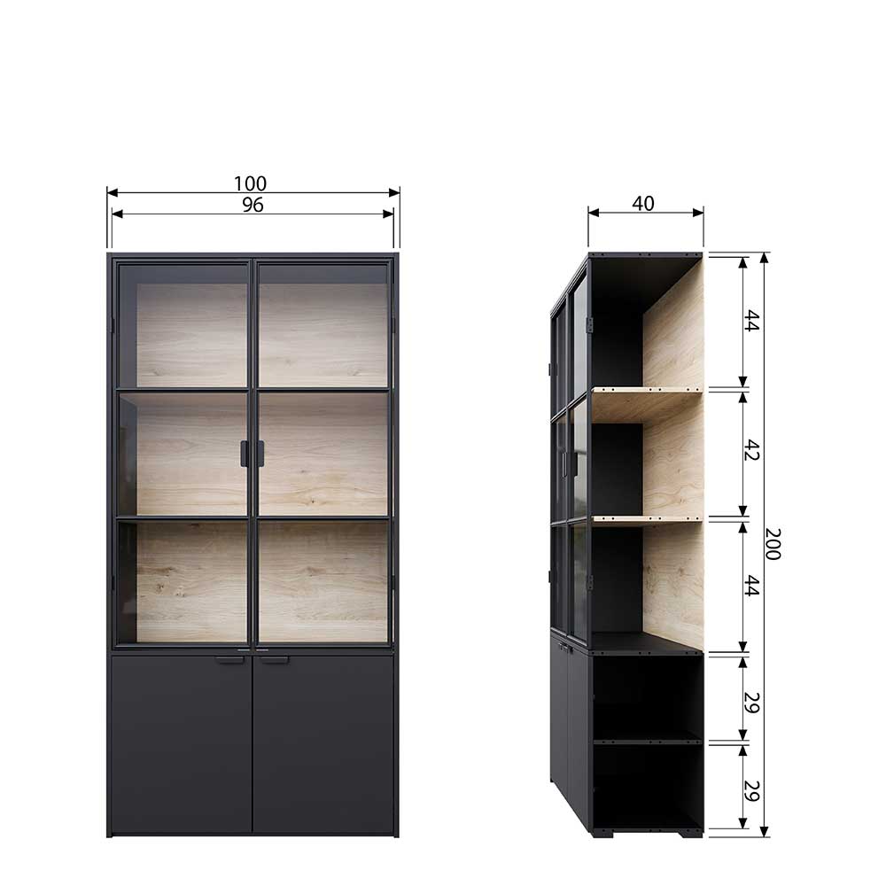 Moderne Vitrine Claros in Schwarz und Kieferfarben 200 cm hoch